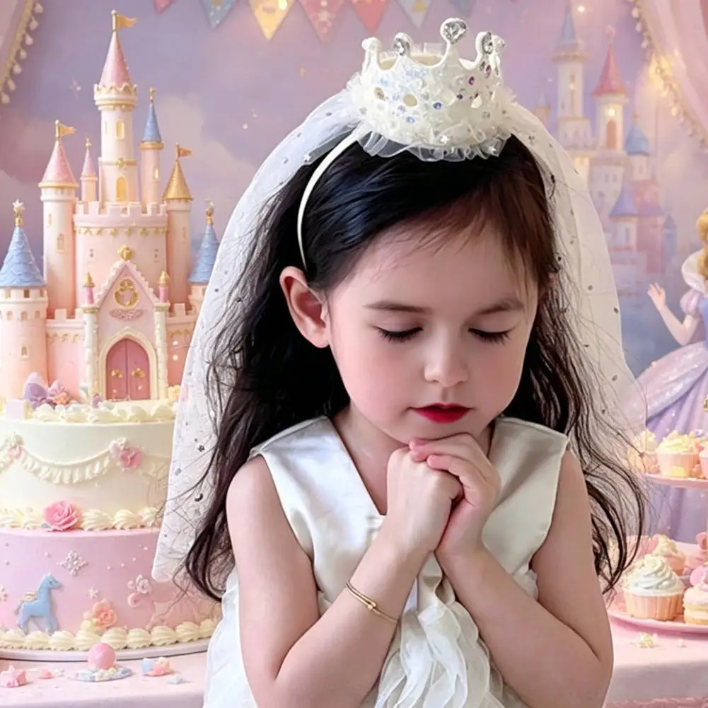 Princess Style Headband Toddler Princess Crown Headband with Sequins Imitation Pearls Mesh Veil Baby Girl Photo Accessory Party