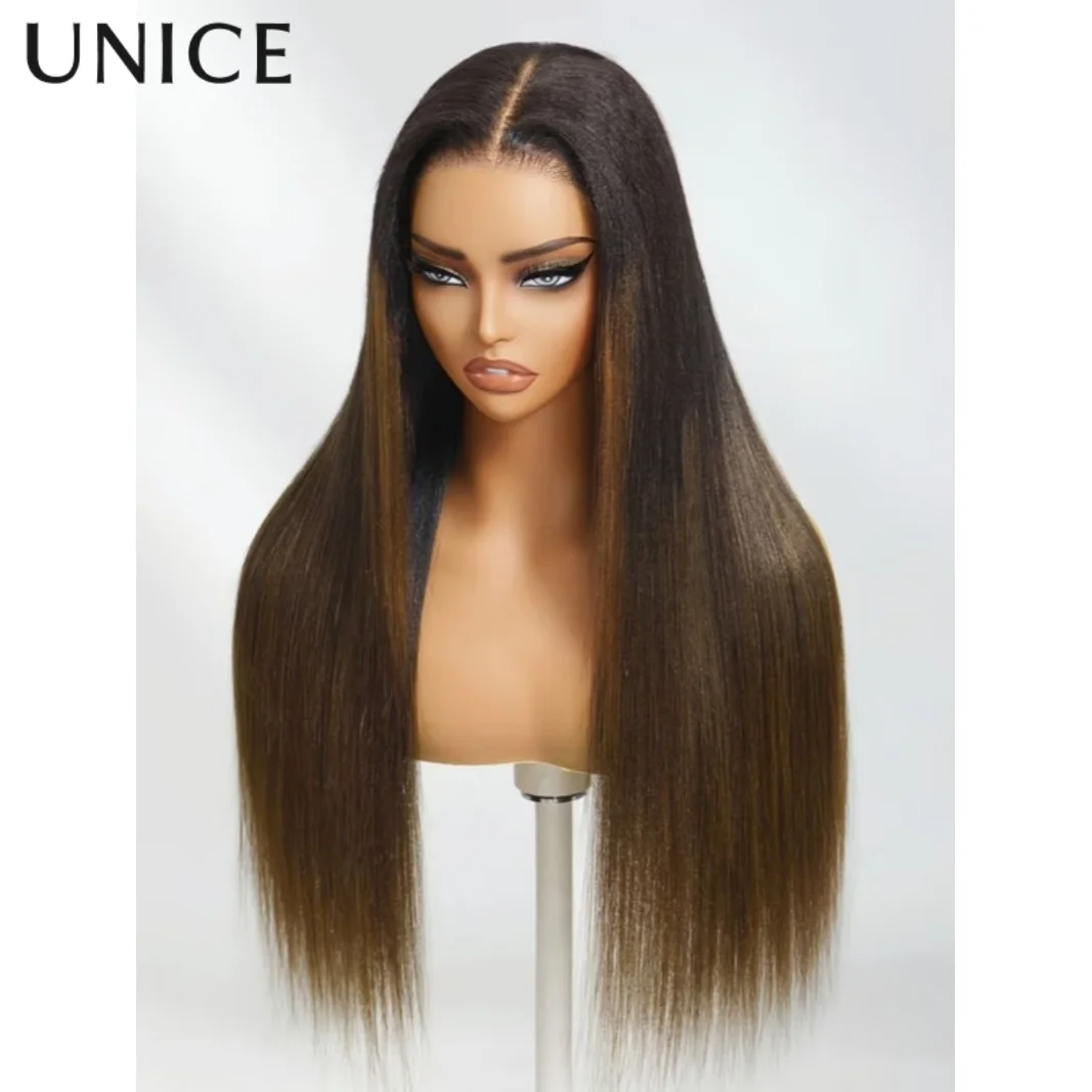 

UNice Pre Everything 13x4 Lace Black to Chestnut Brown Ombre Yaki Straight Human Hair Wig With Invisi Drawstring