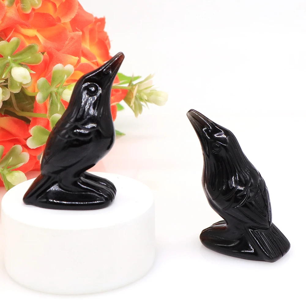 

50MM Crow Statue Natural Black Obsidian Hand Carved Crystals Animals Stones Energy Healing Crafts Lucky Home Decor Gift