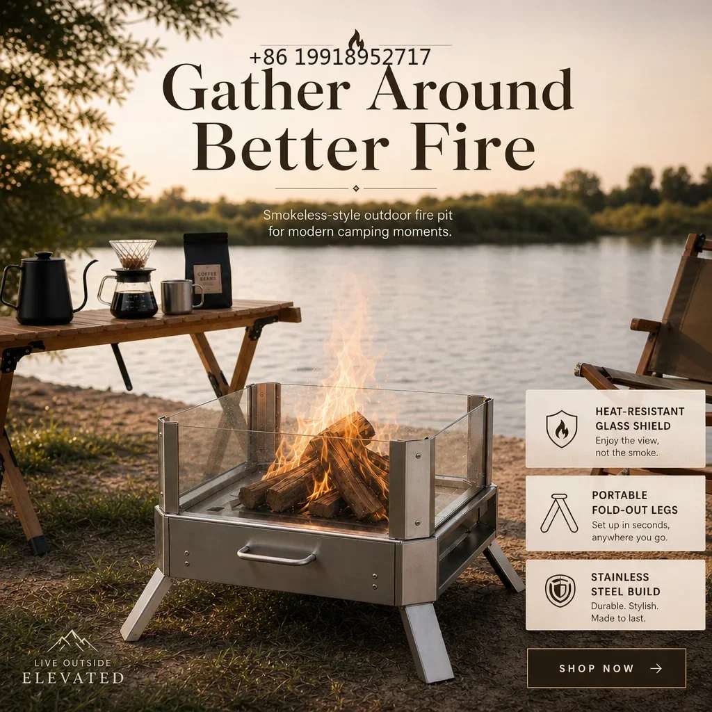 Foldable Stainless Steel Fire Pit with 4-Sided Glass Windscreen Outdoor Wood-Burning Stove Camping Warmth  Watching Fire JJ348