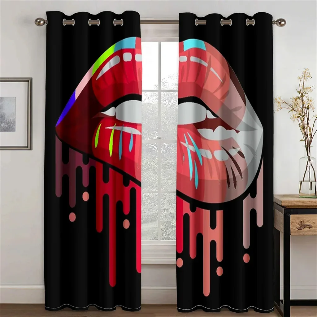 3D Sexy rainbow abstract art mouth girl Light Filtering Drapes Window Curtains for Living Room Bedroom 2 Pieces Decor