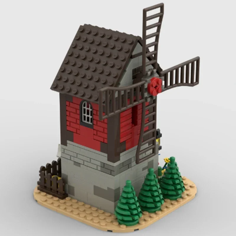 Bloques de construcción Moc con vista a la calle Medieval, tecnología de molino de viento de granjero, bloques modulares, regalo, juguetes de Navidad, conjuntos DIY de montaje