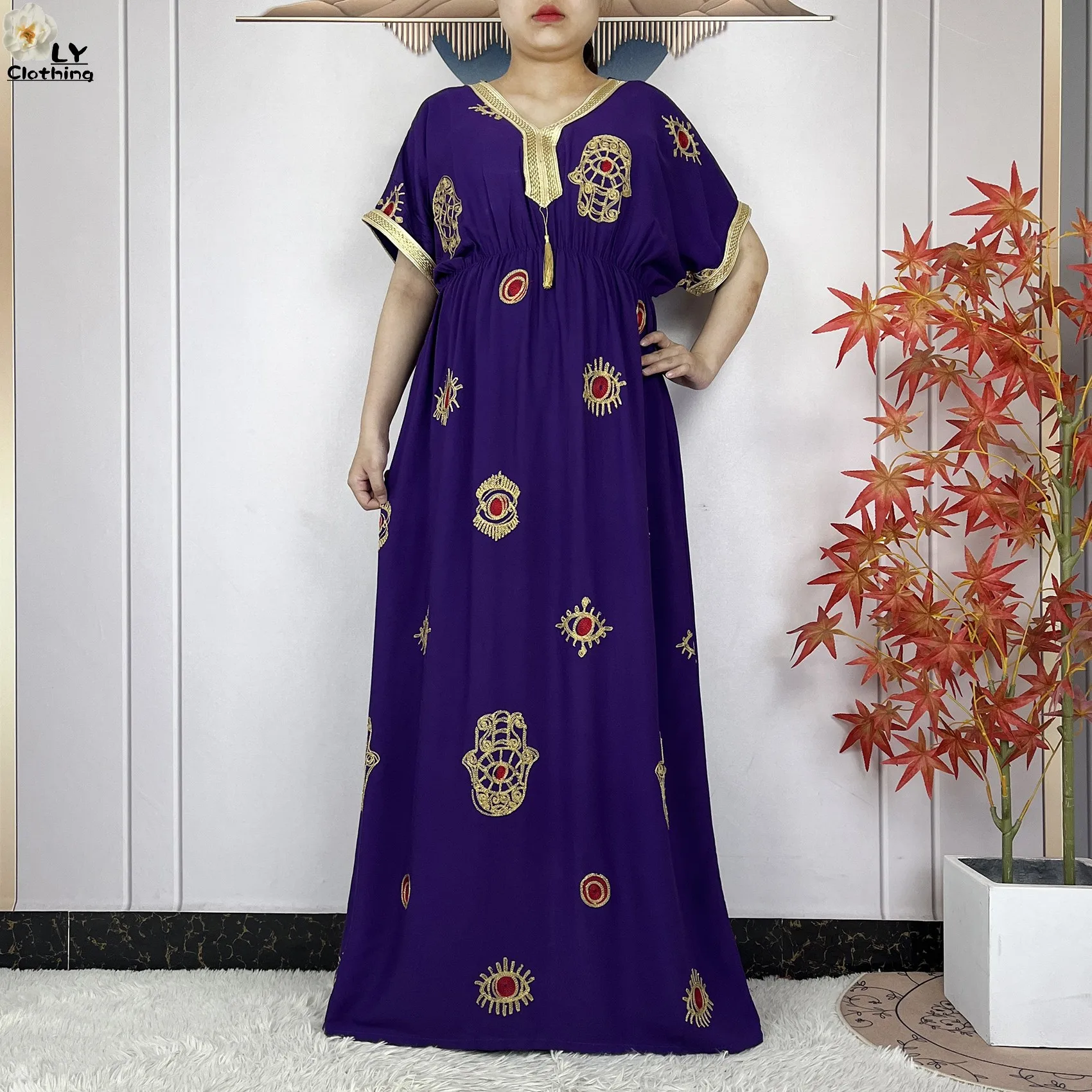 فستان نسائي أنيق عالي الجودة لعام 2025 مطرز بالقطن دبي موضة بوبو ماكسي إسلام ملابس نسائية بأكمام قصيرة عباية إسلامية #3