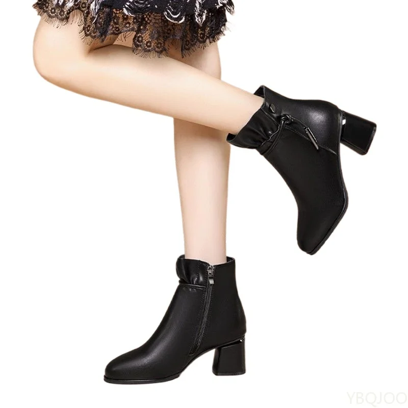 أحذية قصيرة عصرية متعددة الاستخدامات للنساء لخريف وشتاء بمقدمة مدببة وكعب سميك وسحاب جانبي كاجوال مريحة بكعب عالي