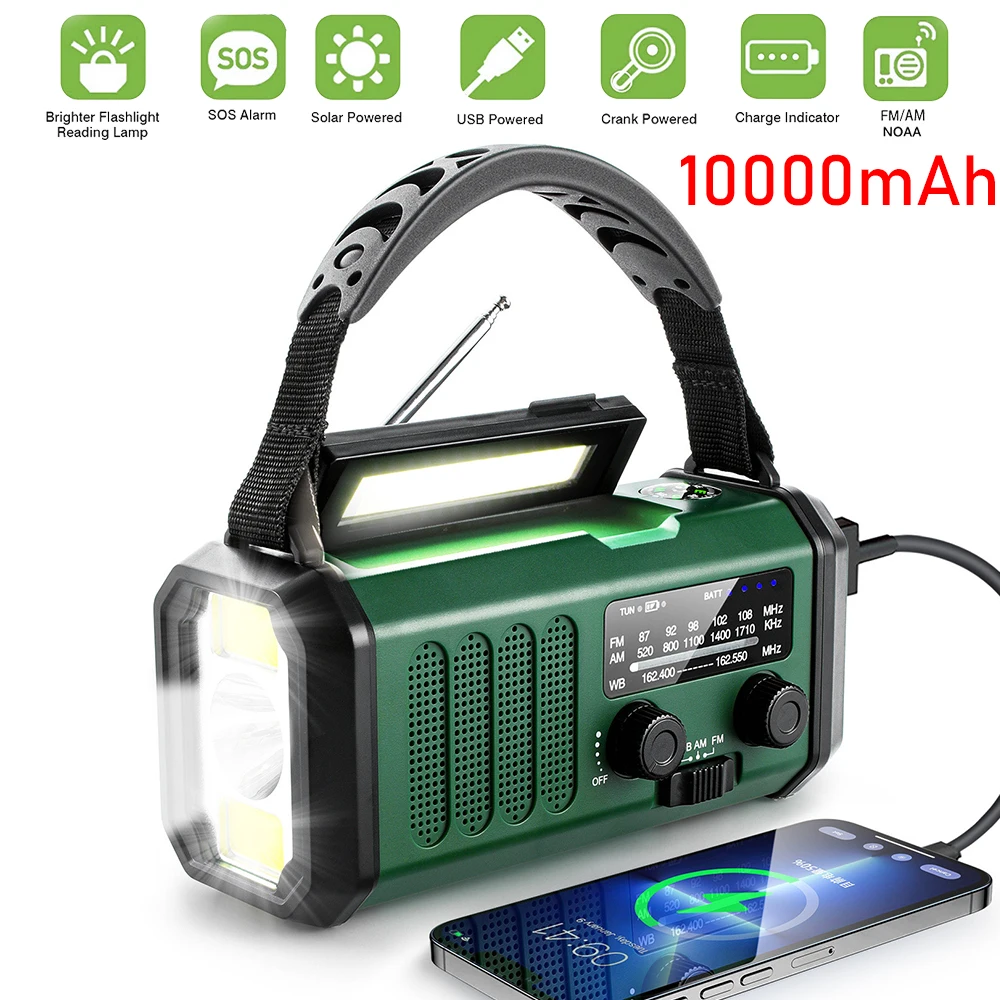 Emergency Radio Solar Hand Crank Dynamo Flashlight AM/FM/NOAA Weather Radio 10000mAh Outdoor Camping Power Bank for Mobile Phone