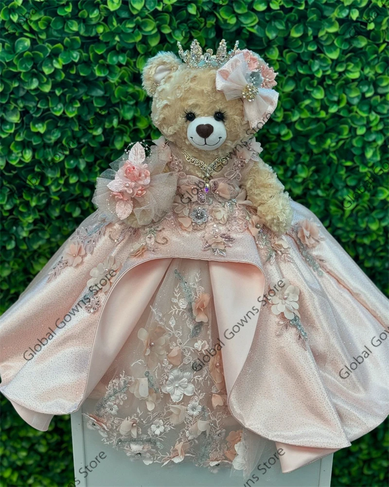 Pink O Neck 3D Flower Special Link For Personalized Quinceanera Teddy Bear Dress Bead Appliques Robe de bal Customized