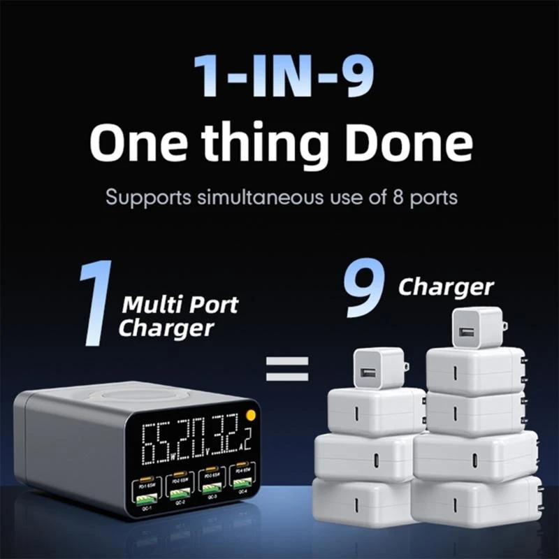 

Multiple Device Fast Charging Station 80W Charger Dock Feature 4 USB and 4 Type C Port Support 15W Wireless Charging K1KF