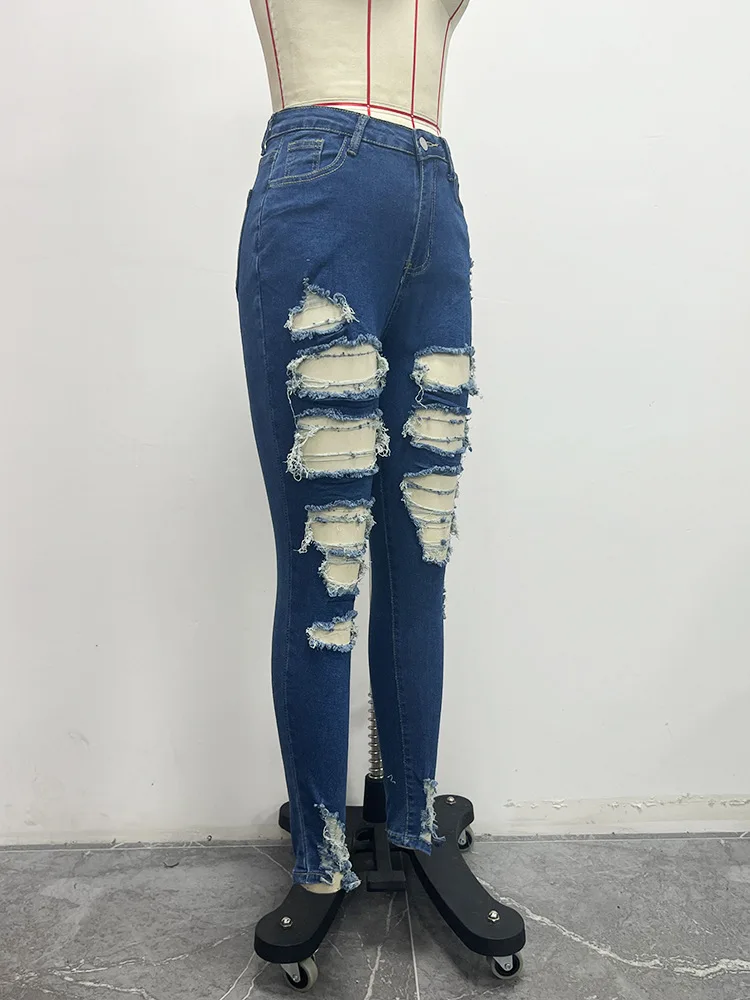 Mulheres de cintura alta rasgado jeans skinny, jeans compridos, área grande, rua, popular, novo