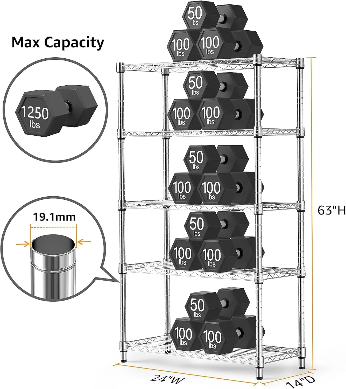 1250 lbs Steel Heavy Duty 5-Tier Utility Shelving Unit Steel Organizer Wire Rack for Home,Kitchen,Office,Chrome (13.7" D x 23.6"