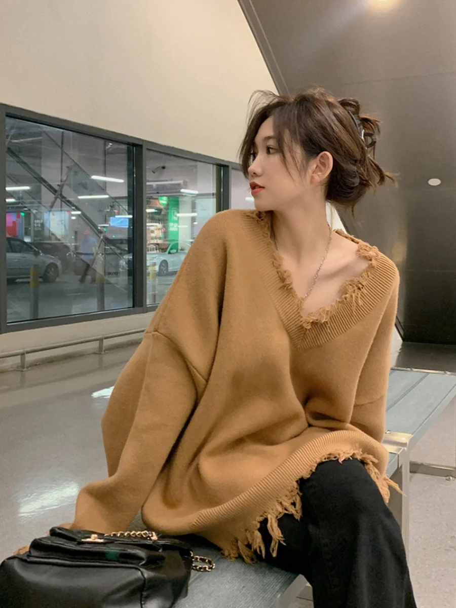 Vintage Sweaters Women Maillard Loose Ripped Autumn Solid Slouchy Aesthetic Advanced Korean Commuting Style Hipster Stylish Ins