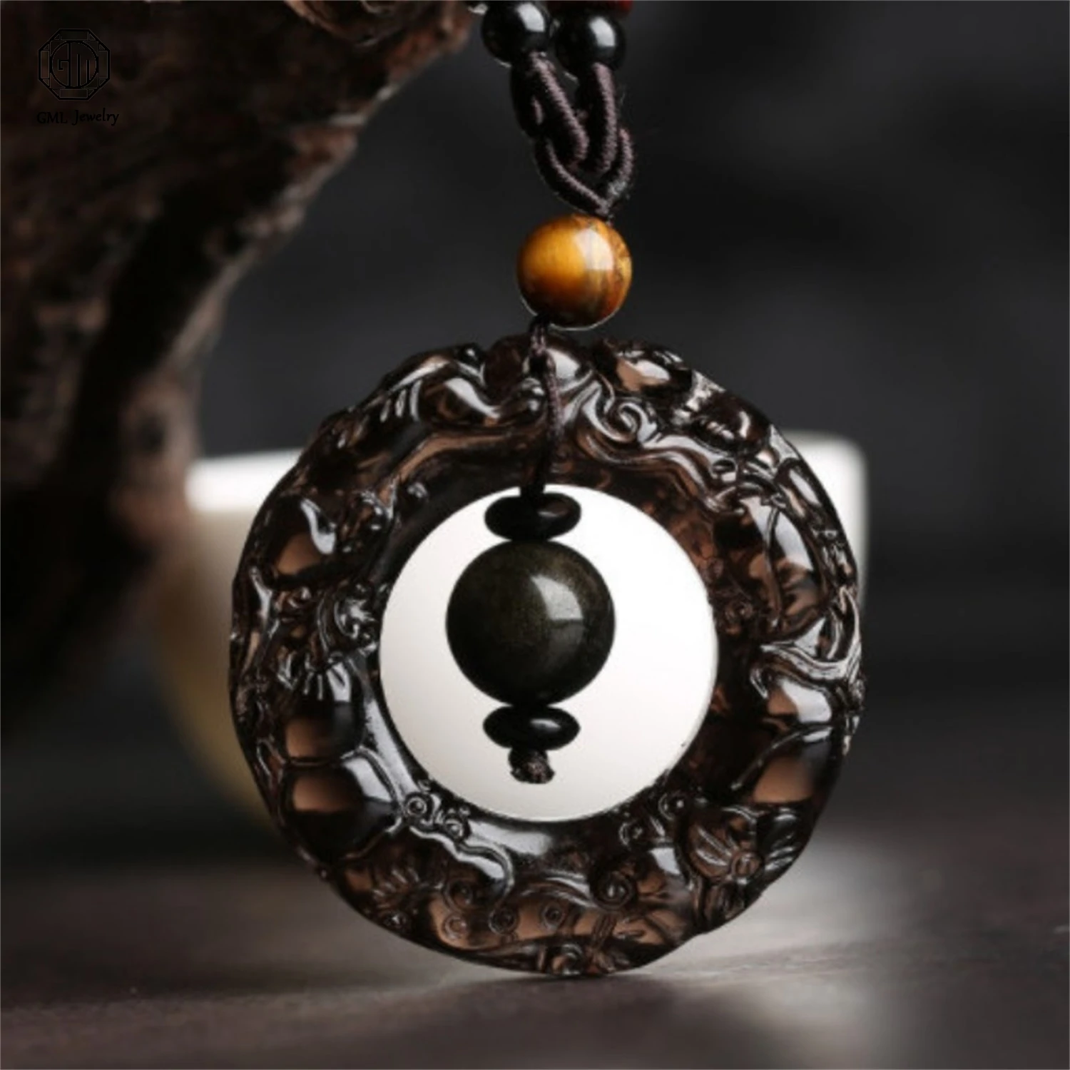 Real Natural Obsidian Double Side 3D Pixiu Fortune Circle Pendant Unisex Lucky Protection Amulet for Men Women Gift Energy Stone