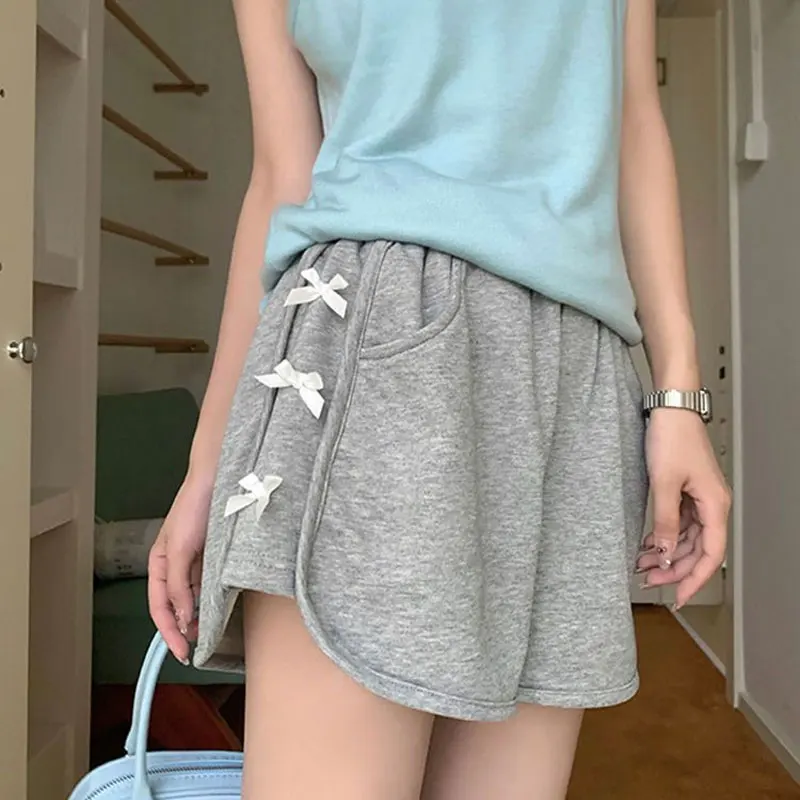 

Korean Sports Bow Chic Spliced Casual Shorts Female Clothing Solid Color Summer High Waist Elastic Loose Basic Wide Leg Shorts