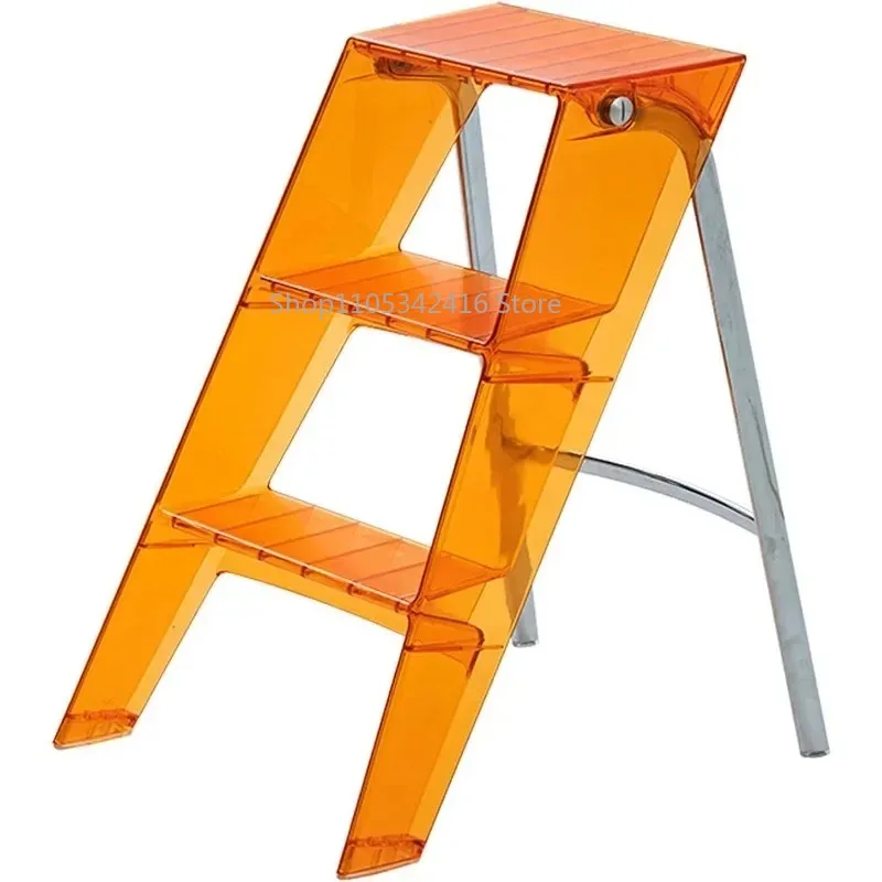Acrylic 3-Step Ladder Stool, 2-in-1 Design 330Lbs Load, Orange Transparent Foldable Step Stool for Home Indoor Use