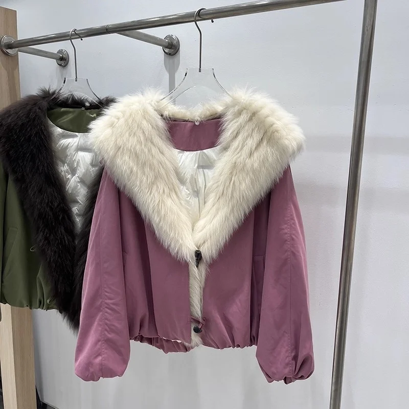 Parka de plumón de ganso blanco con cuello de piel de zorro para mujer, chaqueta gruesa y cálida a la moda, alta calidad, invierno, Y2k