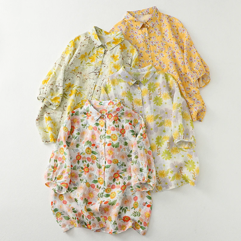 صيف جديد طباعة الأزهار رقيقة القطن البوليستر مزيج المرأة فضفاضة كبيرة الحجم طوق ortsve irt تخفيف Sle Regu... #1