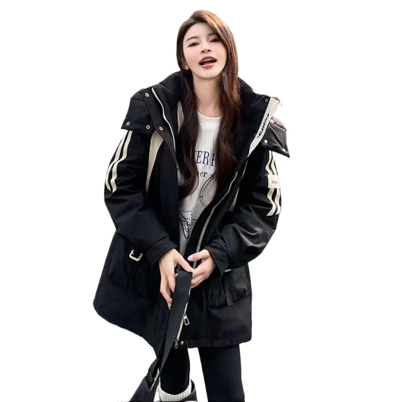 Spring and Autumn Plus Size New Age-Reducing Design Contrast Workwear Mid-length Loose Slimming Hooded Jacket Jacket Exquisite