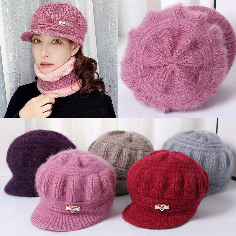 Coral Fleece Winter Hat Beanies Women\'s Knitted Hat Scarf Keep Warm Wool Knitted Hat Peaked Cap Double Layers Protection Caps