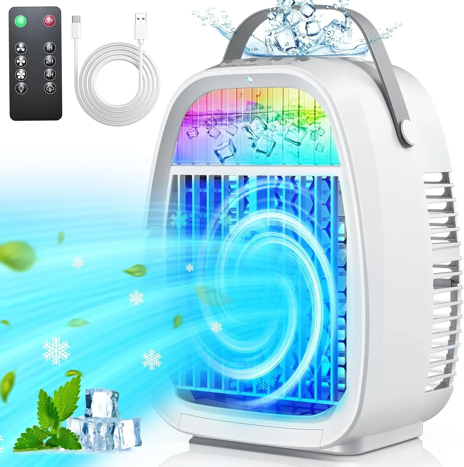 

Mini Evaporative Air Conditioner Fan with 4 in 1 Humidifier and RGB Light, Portable AC Unit Air Cooler for Bedroom, Office, and