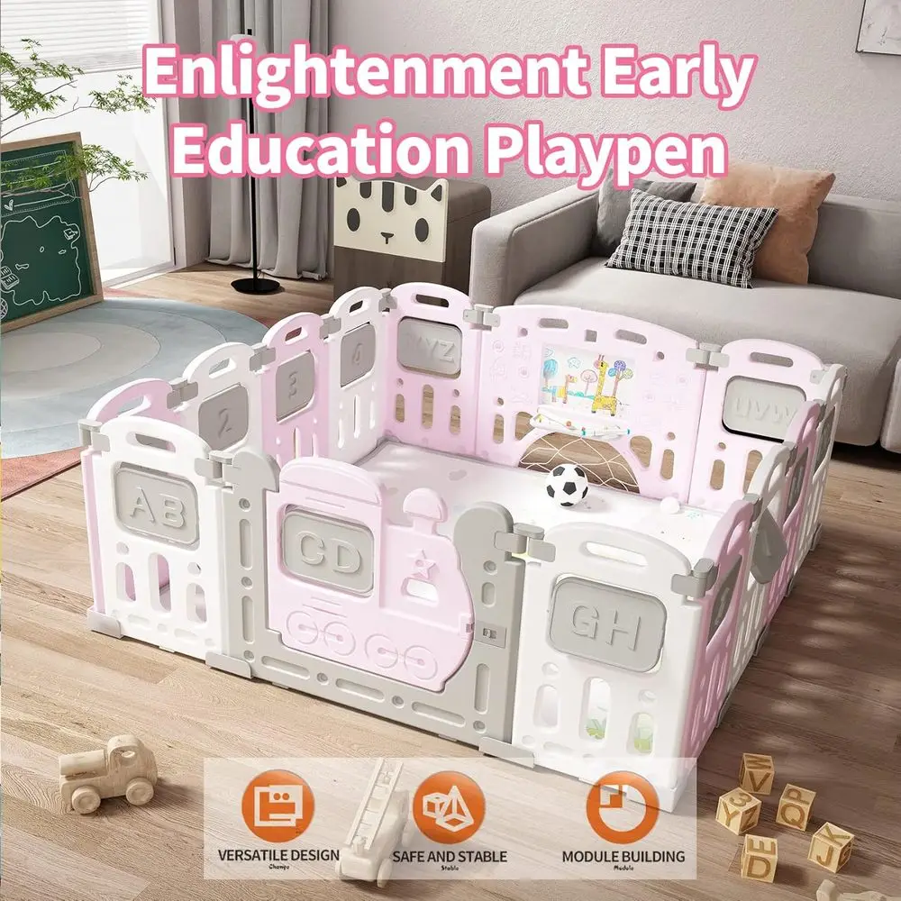 Tragbarer rosa Laufstall mit klappbarem Sicherheitszaun, Aktivitätszentrum und Spiele für den Innen- und Außenbereich