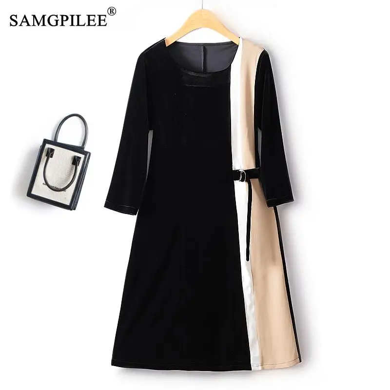 

New Autumn Winter Elegant And Pretty Women's Dresses 2023 Slimming Waist Tie Contrast Color Splicing Striped Velvet Female Dress