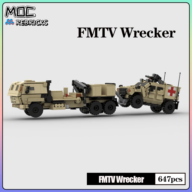 Military Warfare MOC WW2 US FMTV Wrecker Medium Tactical Vehicle Building Block Model Bricks DIY Toys for Kid Christmas Gifts