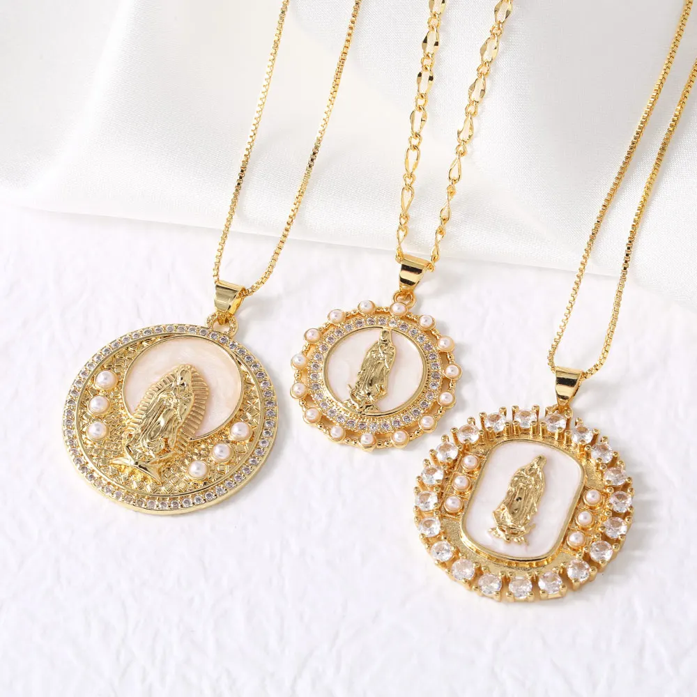 FLOLA Large Round Disc Virgin Mary Necklaces for Women Gold Plated Amulet Necklaces Crystal Jewelry collar de guadalupe nkep49
