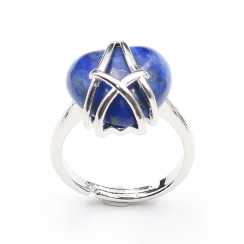 FYJS Unique Silver Plated Wire Wrap Love Heart Lapis Lazuli Resizable Finger Ring Tiger Eye Stone Romantic Jewelry