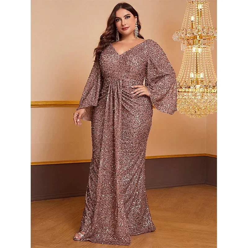 Plus Size V-Neck Bell Sleeve Sequin Slim Long Floor-Length Evening Dress 4xl 5xl Big Size Sequined Mermaid Prom Dress For Women