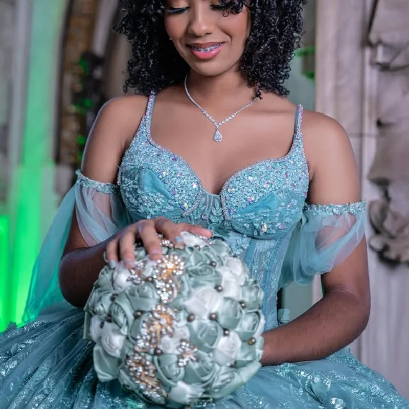 

Customized Shiny Water blue Quinceanera Dresses Off the Shoulder Tull crystal applique 3D flower Vestido De 15 Quinceanera
