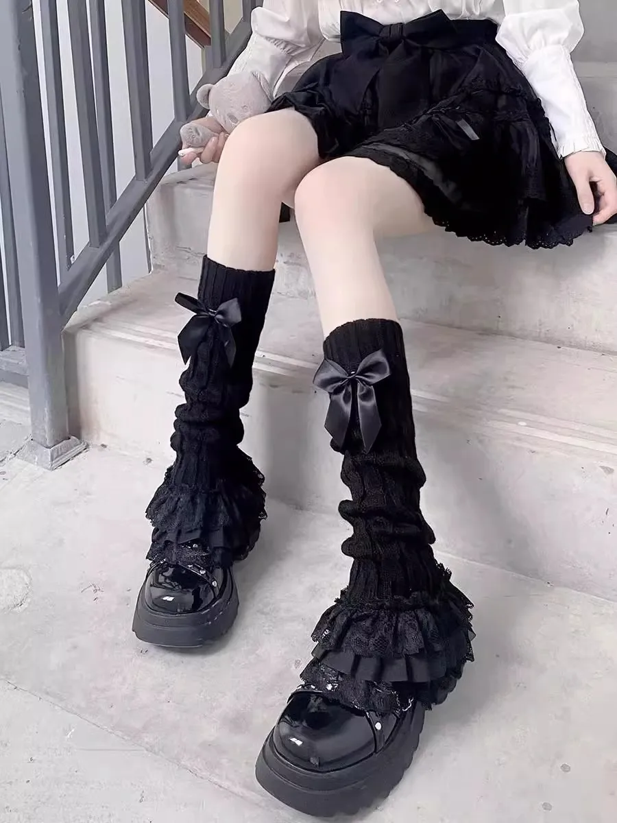 Women Rib‑Knit Slouchy Leg Warmers with Bow‑Knot and Multi‑Layer Lace Ruffle Sweet Lolita‑Style Boot‑Match Sock Covers