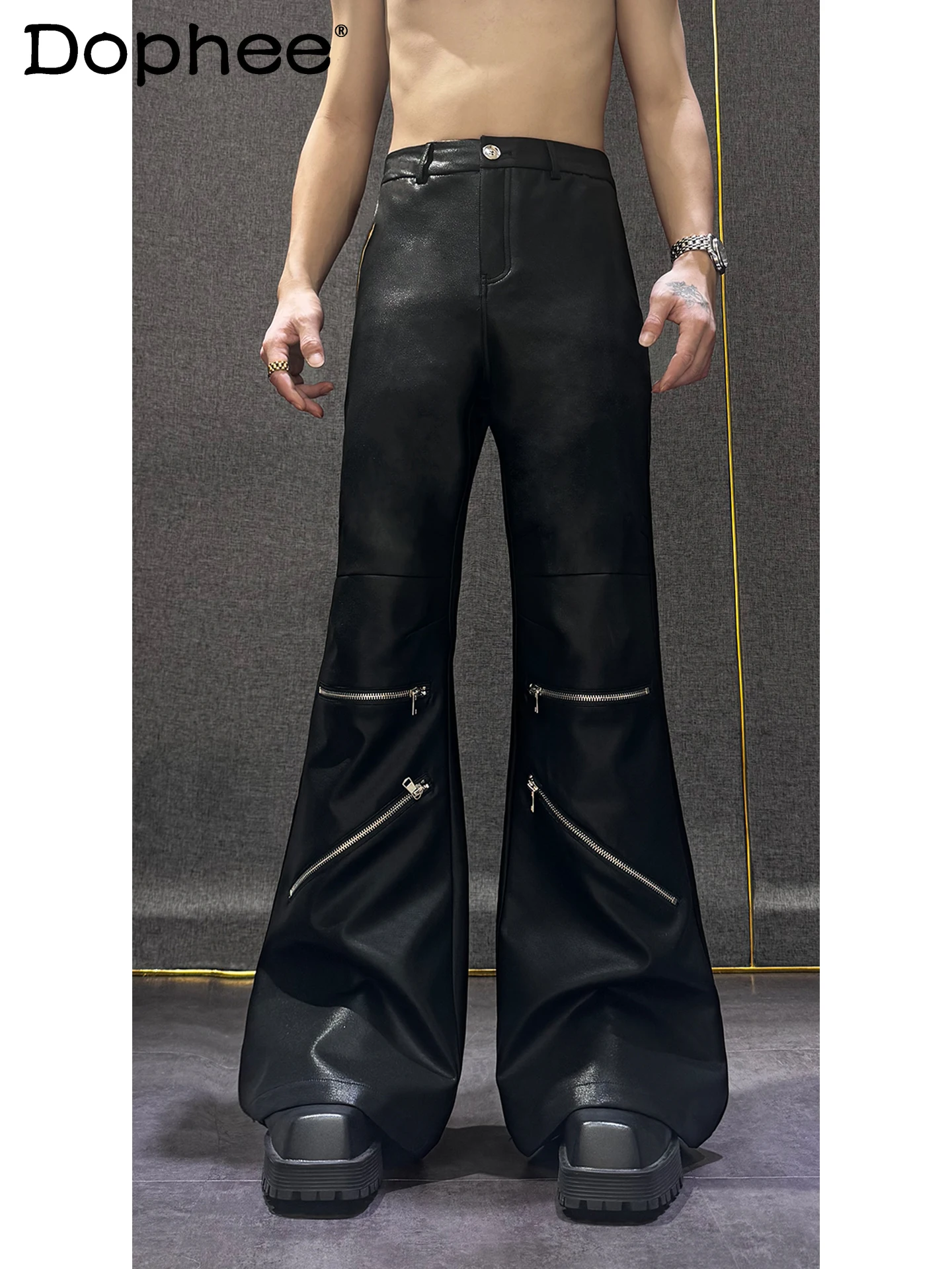 

2025 New Fashion Trend Heavy Stitching Knee Zipper Flared Pants High-end Design Unique Personality Long Pants for Men