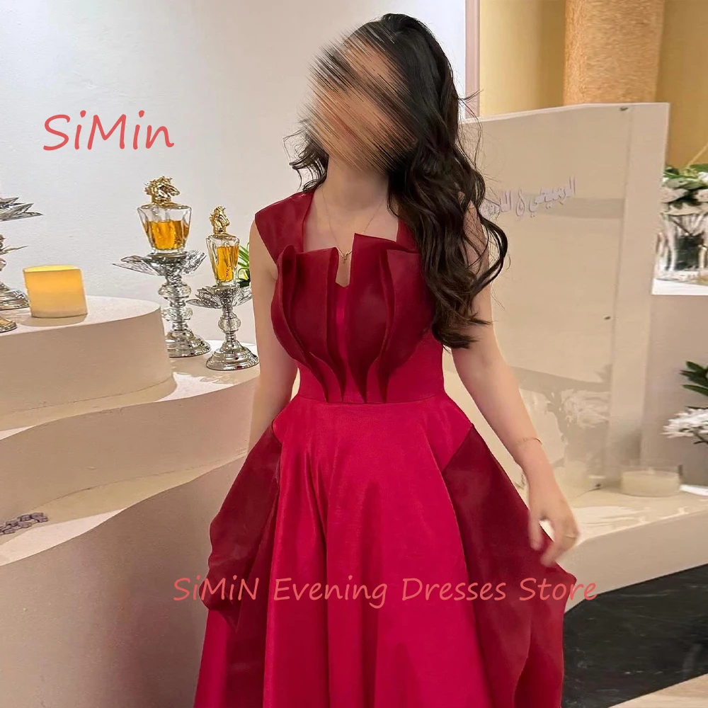 Simin Saudi Square Neckline Satin Simple Prom Ruffle A-Line Sleeveless Floor-Length Arab Evening Party dresses for women 2024