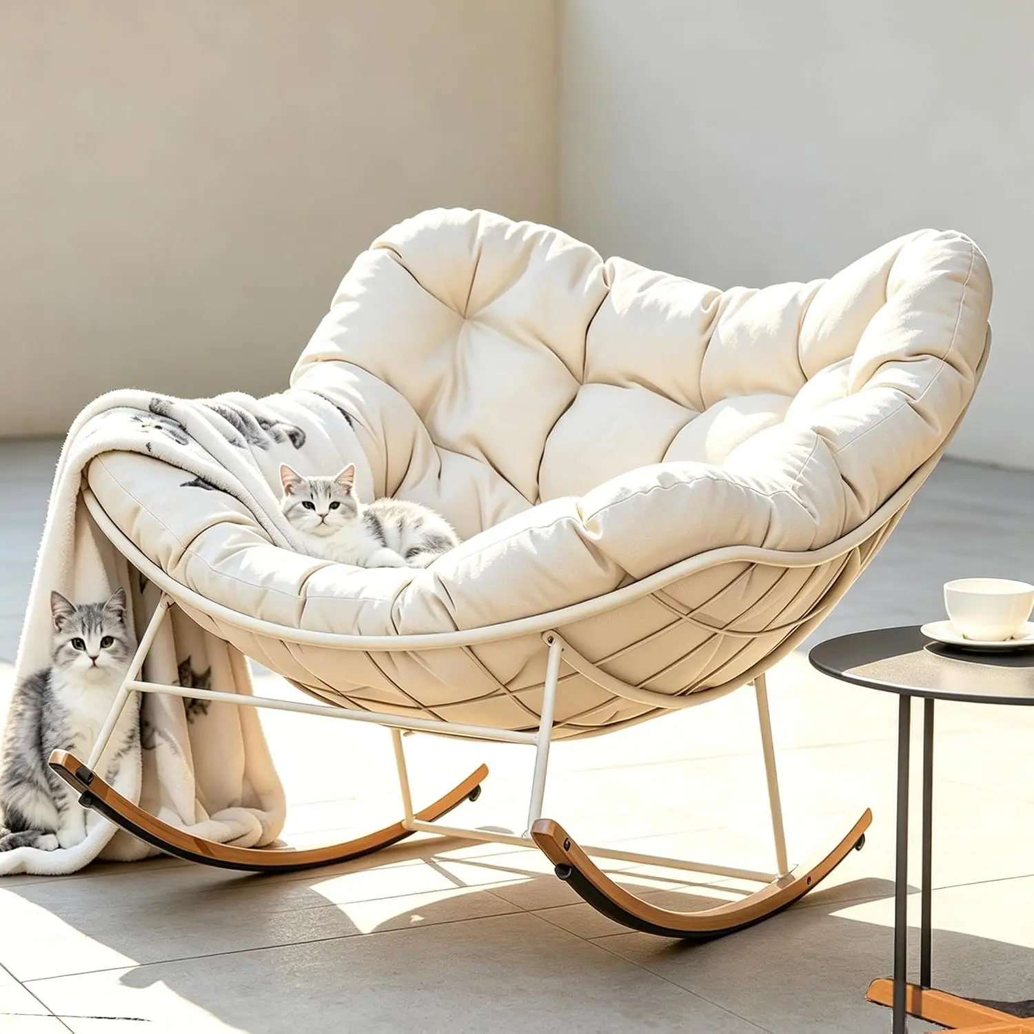 Oversized Papasan Rocking Chair with Thickened Cushion, Heavy-Duty Cozy Egg Chair, Relaxing & Bedroom Living Room,Large Comfy