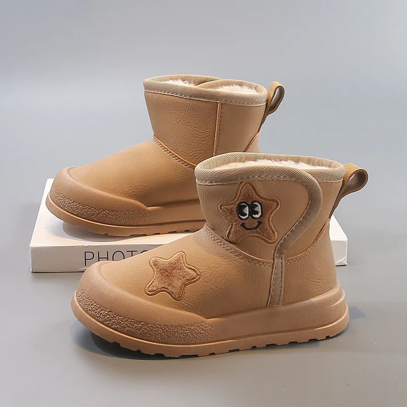 كارتون ستار أطفال أحذية الثلوج الشتاء الصلبة بولي PU أفخم سميكة بنين بنات حذاء الكاحل الدافئة هوك حلقة لينة أسفل الأطفال الأحذية