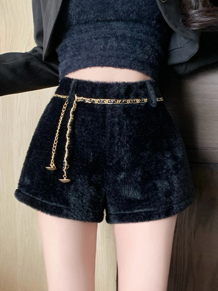 

Роскошные женские шорты с высокой талией и мехом, А-силуэт, повседневные, осенне-зимние, новые, асимметричные, со светоотражающими элементами