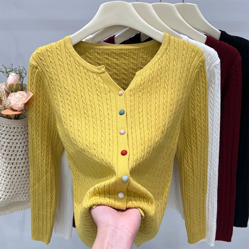 2025 Solid Long Sleeve Single Breasted Knitted Sweater Autumn Winter Women's O-neck Cardigan Colorful Buttons Versatile Tops