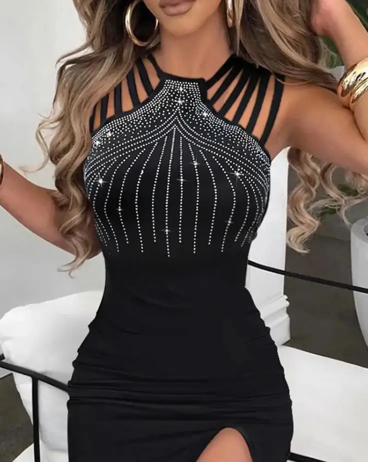 Rhinestone decoration with multiple thin strips, decorative collar, tight fitting bag, hip high slit, women's sexy dress, dinner