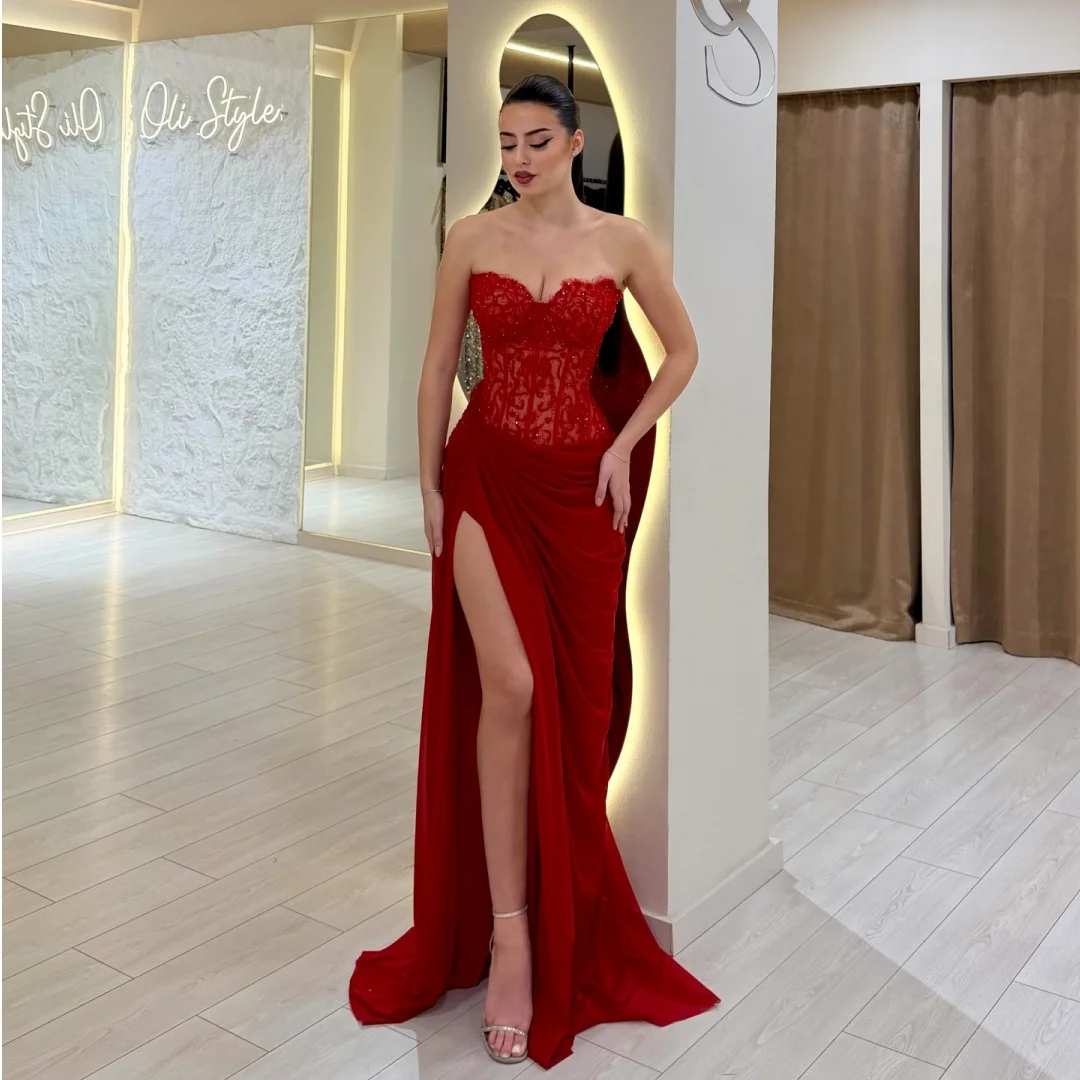 

High Slit Evening Dresses Illusion Lace Corset Prom Dress Sweetheart Shiny Party Gown Gala Vestidos Customized