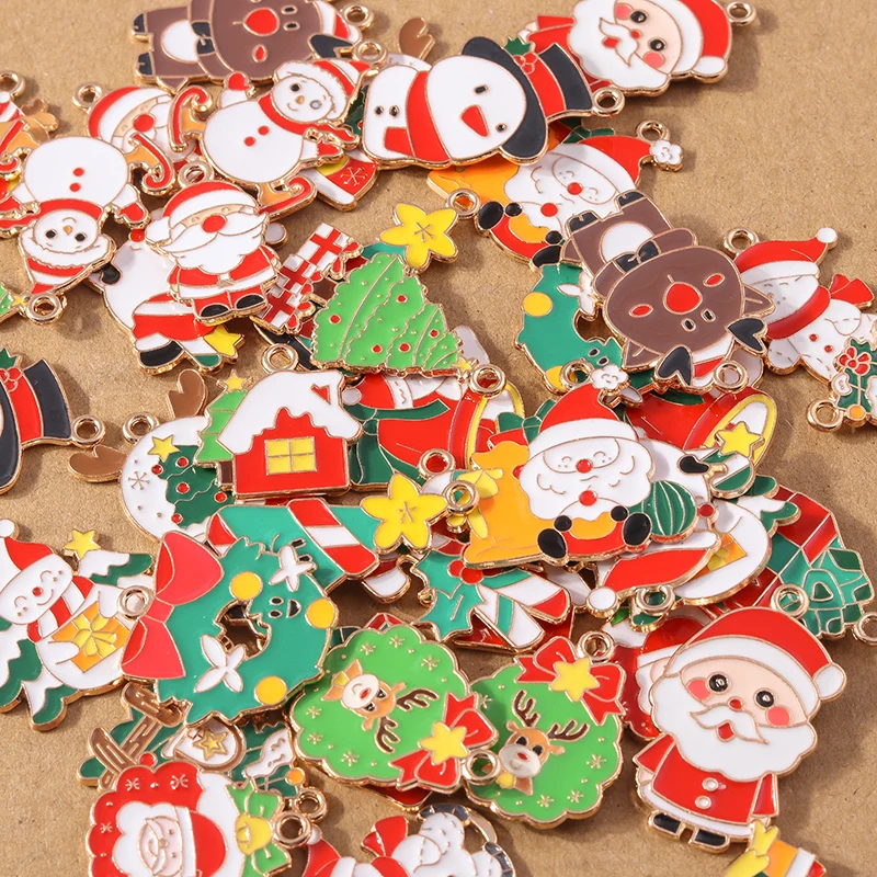 10pcs Cartoon Enamel Christmas Charms Santa Claus Deer Snowmen Pendants for Necklace Earrings Making DIY Jewelry X'mas Gifts