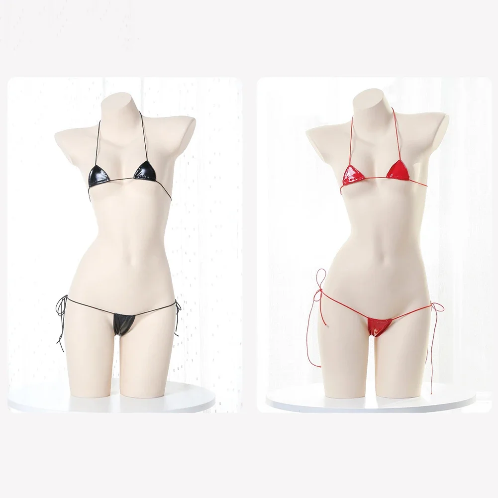 Lencería Sexy para mujer, sujetador de Bikini con trasero expuesto, Tanga transpirable, aspecto húmedo, charol, secado rápido, Halter de cuero, encaje erótico para mujer