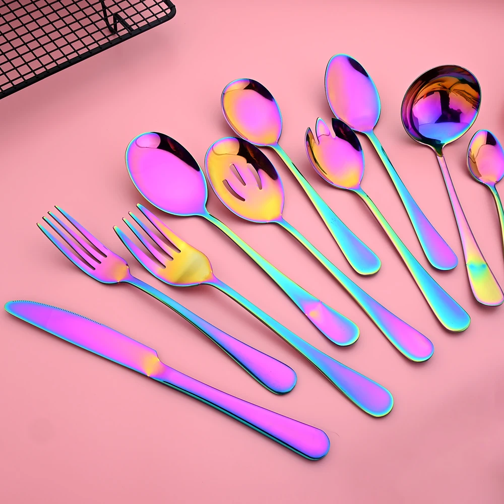 AJOYOUS Dinnerware Set Rainbow Tableware Stainless Steel Cutlery Salad Fork Spoon Service Spoon Soup Spoon Cake Shovel Kitchen