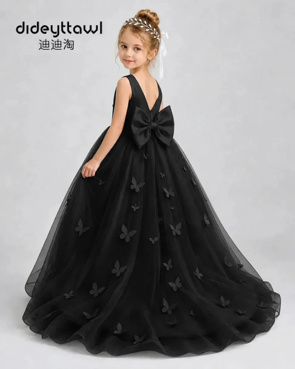 Dideyttawl Sleeveless 3D Butterfly Tulle Flower Girl Dress  Kids Pageant Formal Gown Big Bow Back Long Train Dress