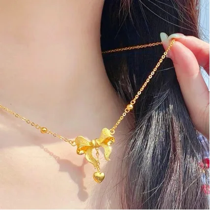 AU999 Fashion New Gold 24k Necklace Womens Love Bow Necklace Wedding Pure Gold Necklace Metal Seal