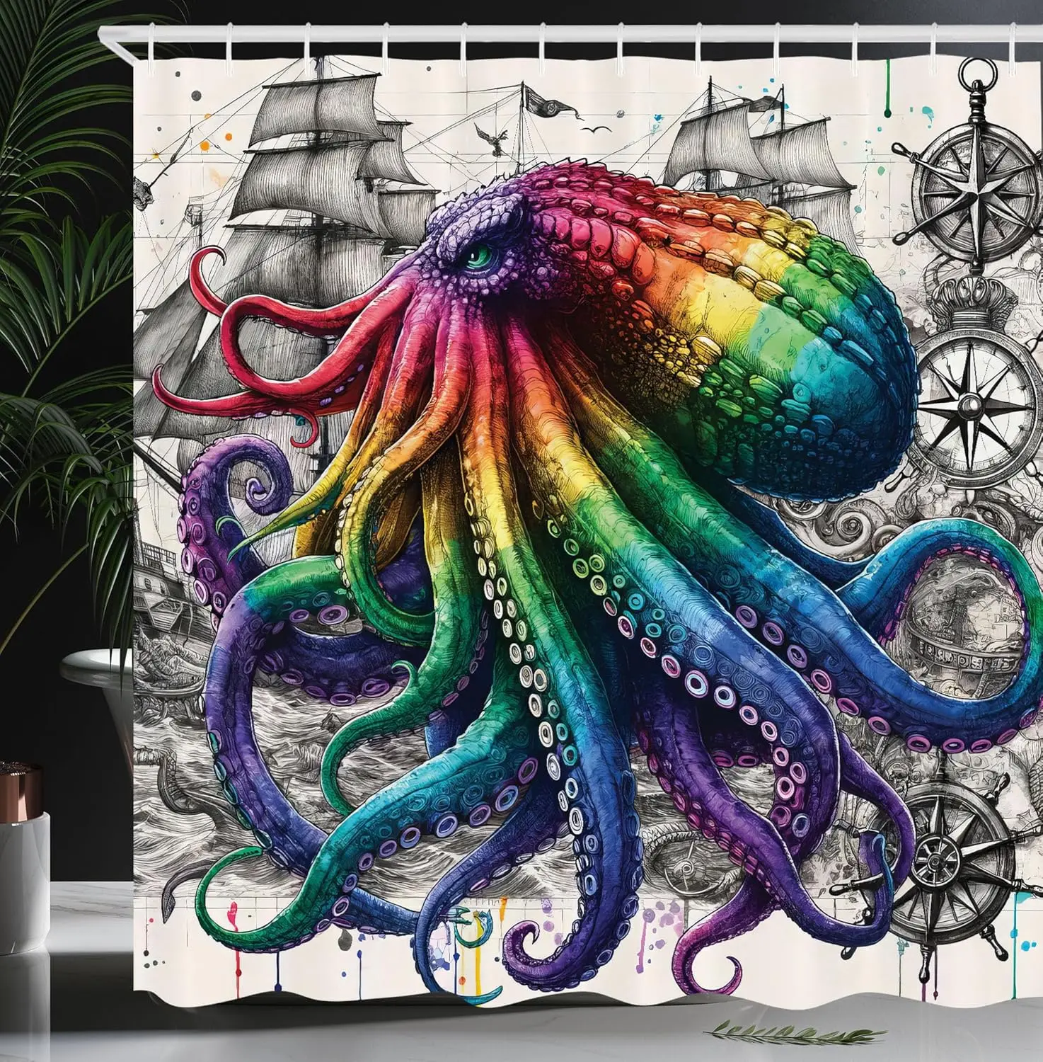 Colorful Shower Curtain, Oceanic Horror Vibe Kraken Monster with Compass and Sailing Ship Sketchy, Cloth Fabric Bathroom Decor