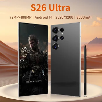 S26 울트라 얼굴 인식 스마트폰, 7.3 인치 HD 5G, 스냅드래곤 888 Gen3, 16GB + 1TB, 안드로이드 14, 8000mAh, 70 + 108MP 핸드폰, 신제품