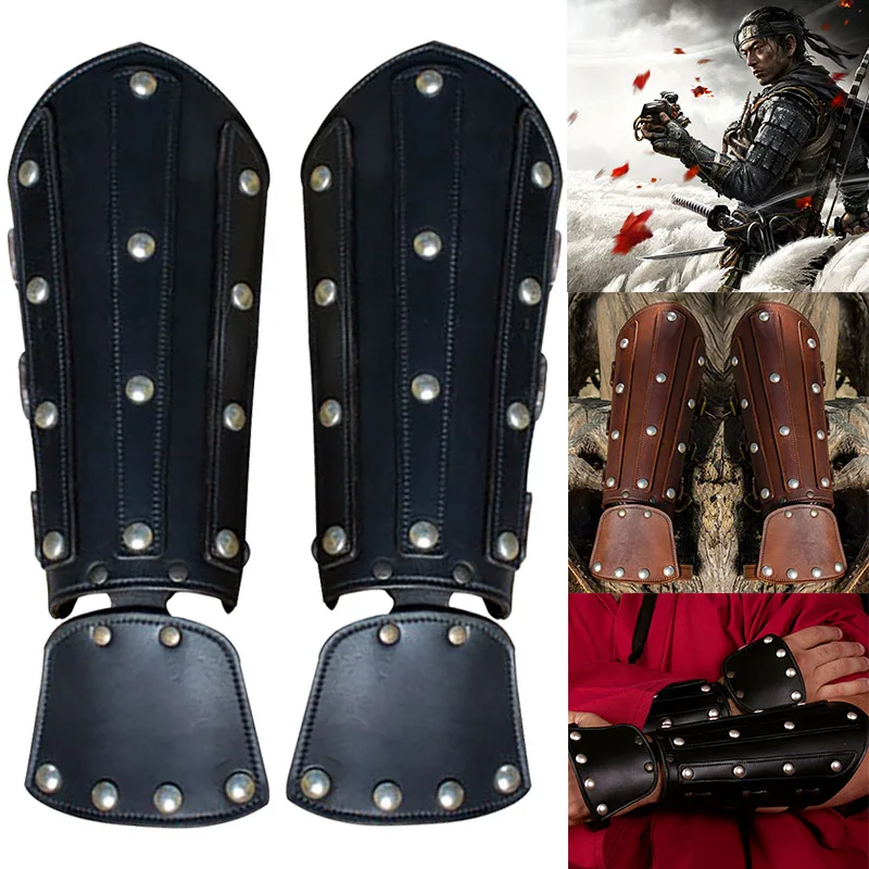 Medieval Warrior Samurai PU Leather Arm Guard Armor Bracer Viking Knight Tsushima Archer Cosplay Costume LARP Gloves Gauntlet