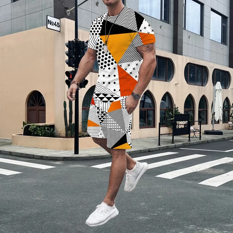 

Лето 2025 г., мужской модный костюм с короткими рукавами, простой повседневный пляжный костюм из двух предметов с 3D принтом, удобный и дышащий костюм для взрослых