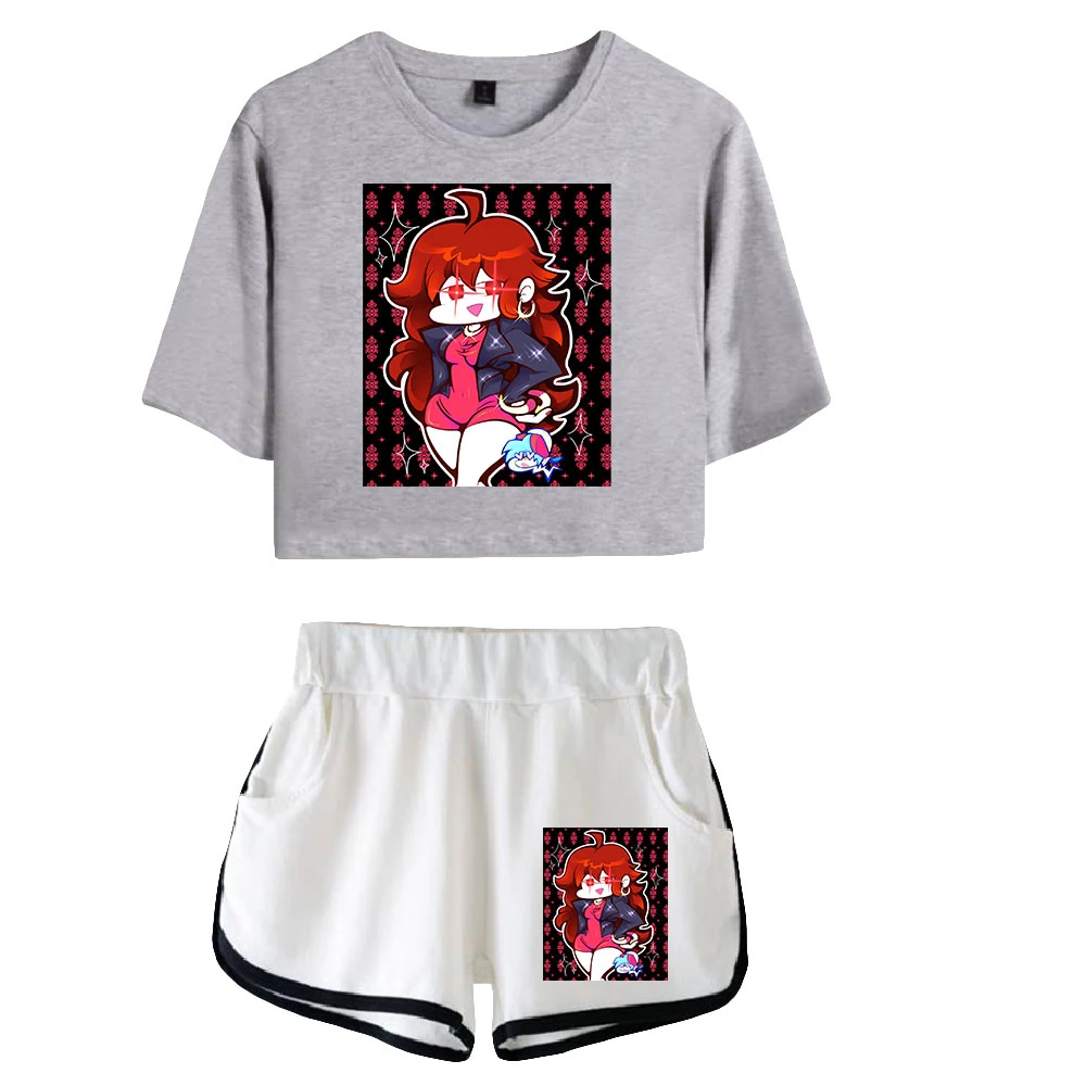 Fashion Creative Game Friday Night Funkin Print Two Piece Set Women Sexy Shorts+lovely T-shirt Cute Dew navel Sport Girl suits