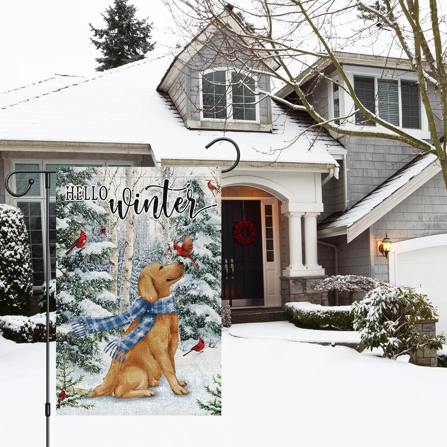 Heyfibro Hello Winter 12 x 18 Inch Double Sided Burlap, Golden Retriever Dog Cardinal Yard Flags for Seasonal Christmas Wint UUM