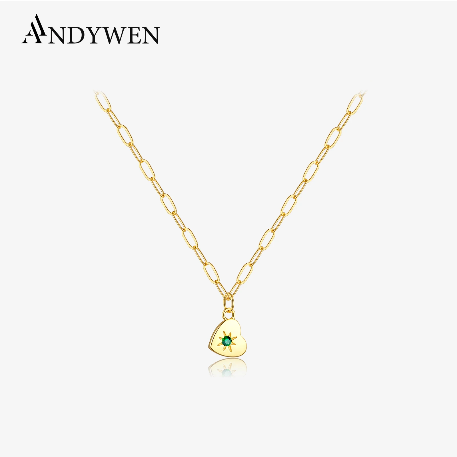 

ANDYWEN 925 Sterling Silver Heart Circle Green Zircon Necklace Pendant Long Chain 2024 Luxury Fashion Fine Jewelry Women Gift